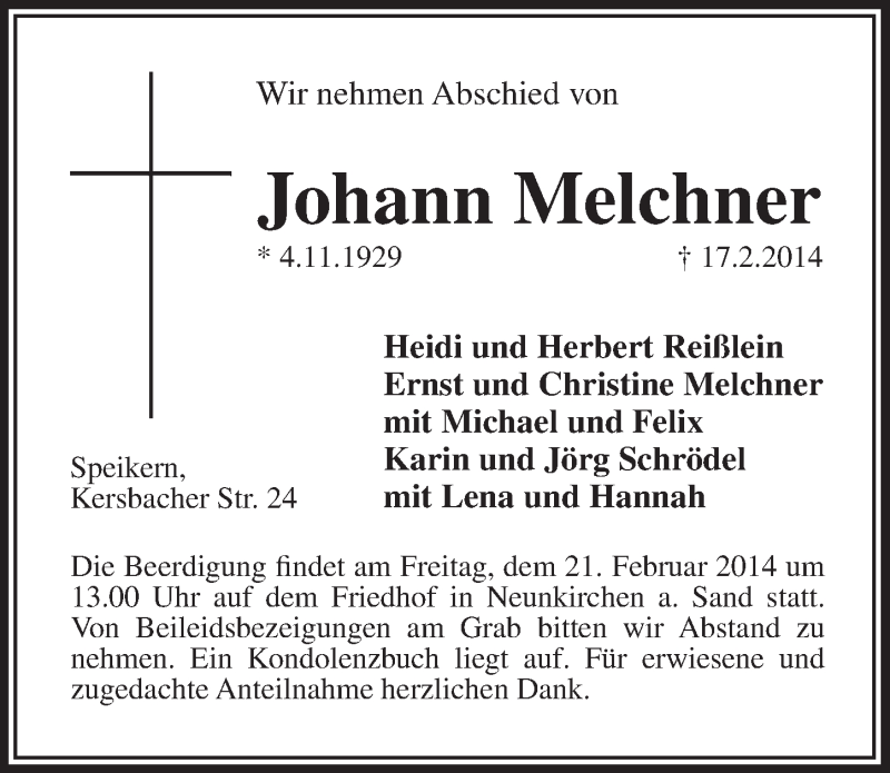  Traueranzeige für Johann Melchner vom 19.02.2014 aus Pegnitz-Zeitung